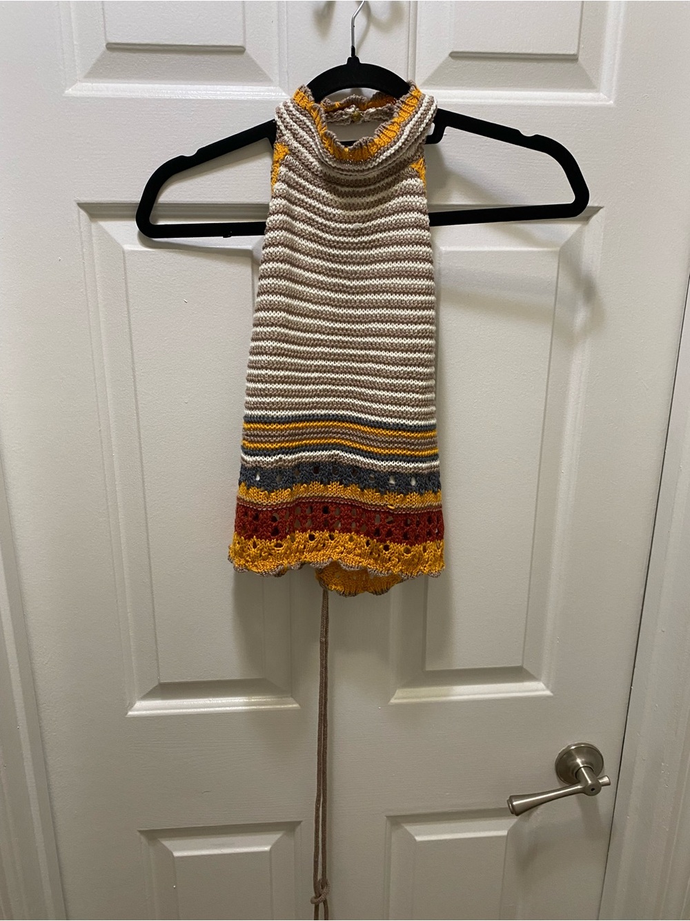 Say What? Cream Crochet Halter Crop Top with Yellow, Rust & Gray Trim